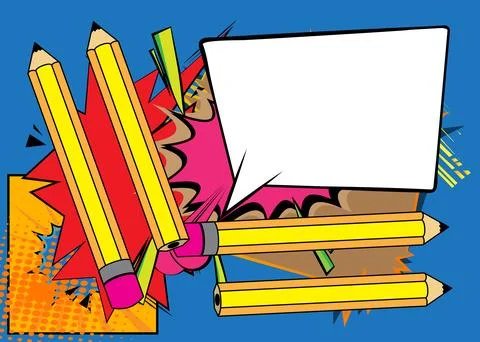 Cartoon Pencil with blank speech bubble, comic book pencil background. Retr.. Stockillustratie