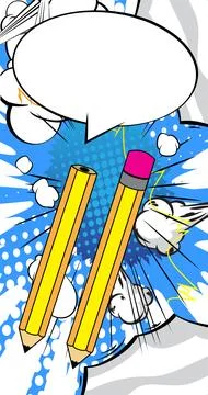 Cartoon Pencil with blank speech bubble, comic book pencil background. Retr.. Stock Illustration