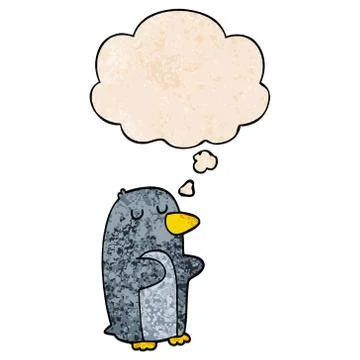 Cartoon penguin and thought bubble in grunge texture pattern style Stock Illustration