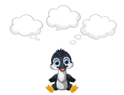 Cartoon Penguin Chick Sitting with Empty Thought Bubbles Vector Illustration Иллюстрация