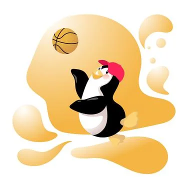 Cartoon Penguin Jumps Up while Playing Basketball Stock Illustration