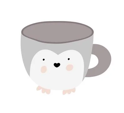 Cartoon penguin mug vector with a cute design, featuring gray and white colors Stock Illustration