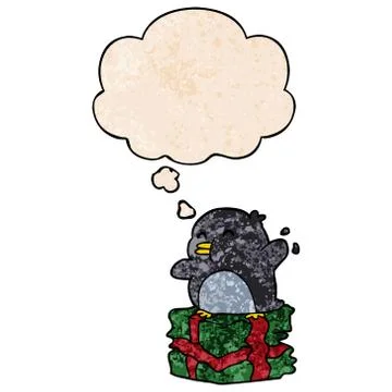 Cartoon penguin on present and thought bubble in grunge texture pattern style Illustrazione stock