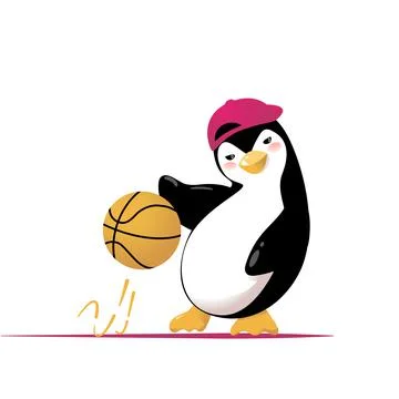 Cartoon Penguin Runs with a Ball while Basketball Stock Illustration