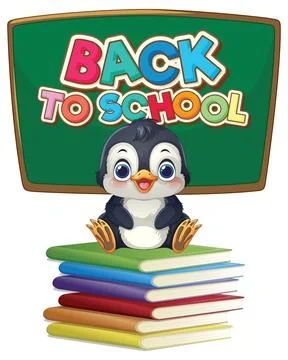 Cartoon Penguin Sitting on Stack of Books with Back to School Sign Stockillustratie