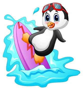 Cartoon penguin surfing on water Stock Illustration
