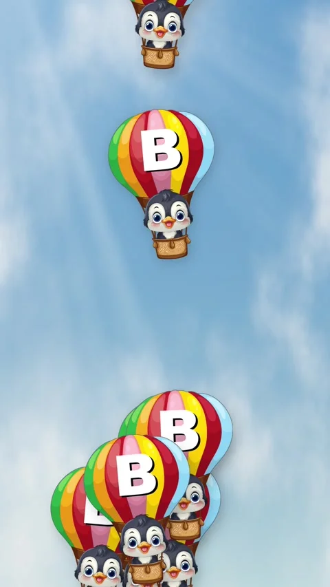 Cartoon Penguins Falling Through Cloudy Blue Sky in Hot Air Balloons Stock Footage 339043463
