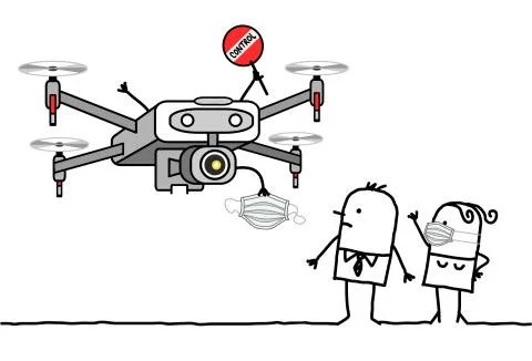Cartoon people facing a control Drone giving a protection mask against virus Stock Illustration