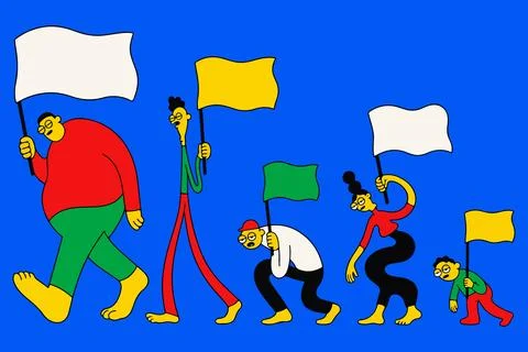 Cartoon People Marching with Flags Stock Illustration