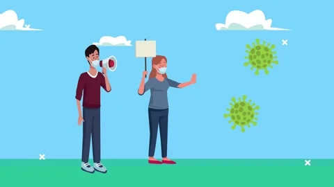 Cartoon people protesting with megaphone and signs against spreading viral .. Video stock 338421934