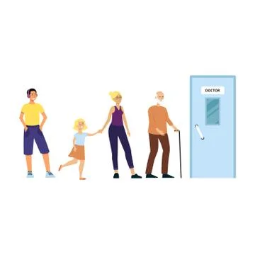 Cartoon people standing in queue for doctor's office, medical clinic patients Illustrazione stock