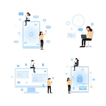 Cartoon people using internet on modern gadgets set Stock Illustration
