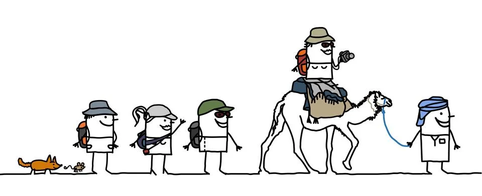 Cartoon people walking in the desert Stock Illustration