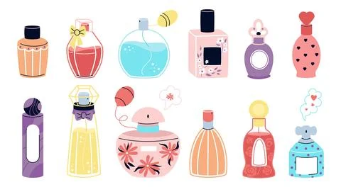 Cartoon perfume bottles, scented water and perfumes retro packaging. Fashion Stock Illustration