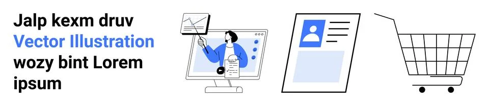 Cartoon person pointing at analytics chart on a computer screen, digital prof Stock Illustration