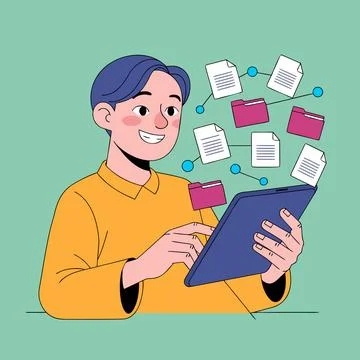 Cartoon person using tablet with files and folders floating around Stock Illustration