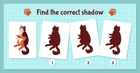 Cartoon pet. Find correct shadow. Cute pet shade. Kitty shapes. Educational Stock Illustration