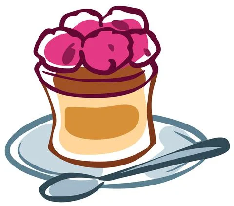 Cartoon piece of chocolate cake with raspberries. Chocolate cake on a plate. Stock Illustration