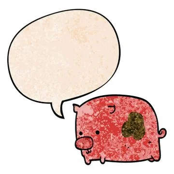 Cartoon pig and speech bubble in retro texture style Stock Illustration