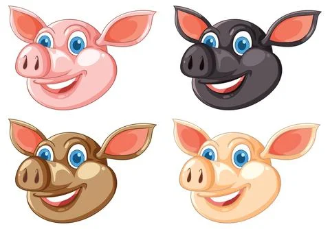 Cartoon Pig Faces in Four Distinct Colors Smiling Stock Illustration