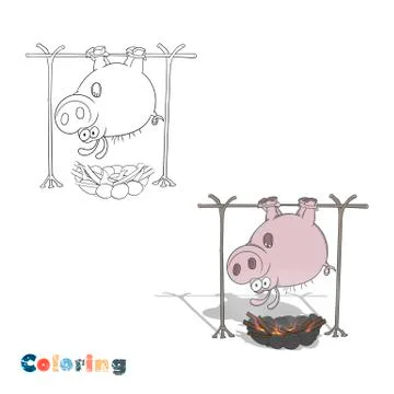 Cartoon pig fried at the stake. Vector illustration in the form of coloring a Stock Illustration