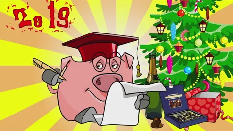 Cartoon pig in a hat writes 2019 Stock Footage 95288316