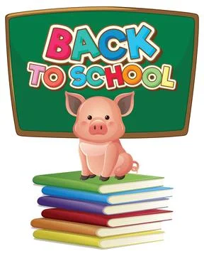 Cartoon Pig Sitting on Stack of Books with Chalkboard Background Stockillustratie