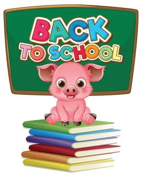 Cartoon Pig Sitting on Stack of Books with Chalkboard Background Stockillustratie