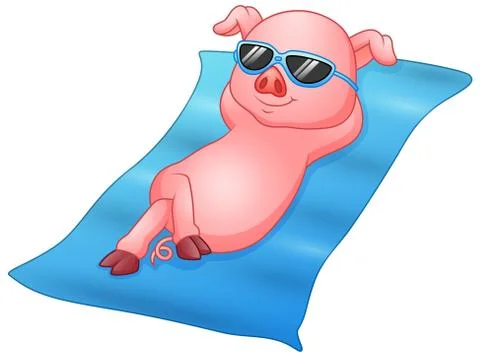 Cartoon piglets sunbathing on beach Stock Illustration