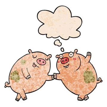 Cartoon pigs dancing and thought bubble in grunge texture pattern style Stock Illustration