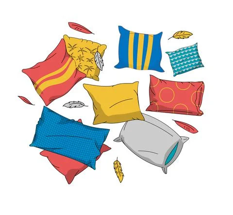 Cartoon pillows background. Soft textile interior decoration elements. Group of Illustrazione stock