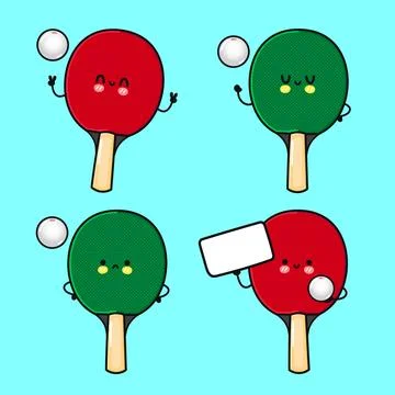Cartoon Ping Pong Paddle. Table Tennis Bat with Cute Expressions Stock Illustration