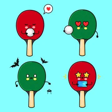 Cartoon Ping Pong Paddle. Table Tennis Bat with Cute Expressions Stock Illustration