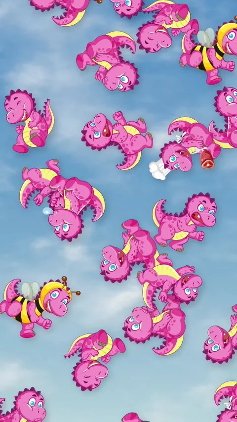 Cartoon Pink Dinosaurs Falling Through Blue Sky with Clouds Stock Footage 341538838