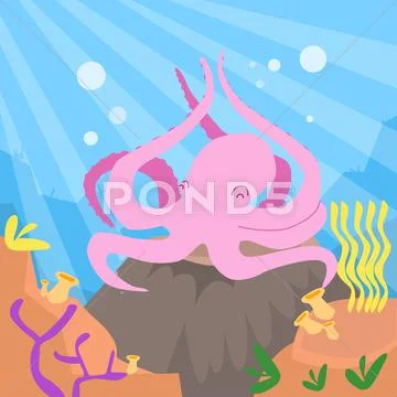 Cartoon Pink Octopus Underwater Deep Ocean Bottom Coral Reef Colorful Stock Illustration