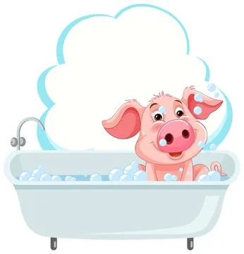 Cartoon Pink Pig Taking a Bubble Bath in a White Tub 스톡 일러스트