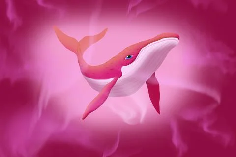 Cartoon pink whale in colored clouds, raster Stock Illustration