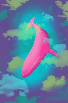 Cartoon pink whale in colored clouds, raster, vertical format Stock Illustration
