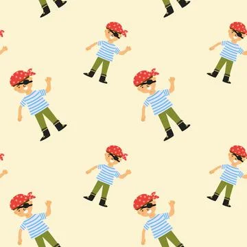 Cartoon pirate child pattern with red bandana and eye patch on light background Stock Illustration