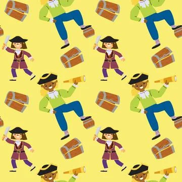 Cartoon pirate pattern with treasure chests and diverse characters on yellow イラスト素材
