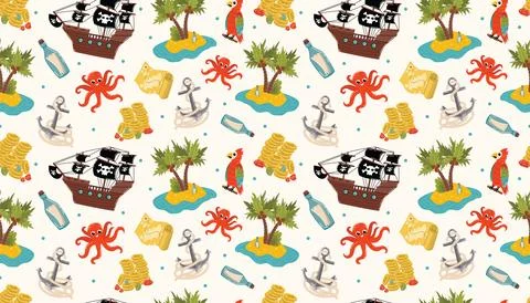 Cartoon pirate seamless pattern. Abstract background with pirate boat, Jolly  Illustrazione stock