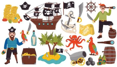 Cartoon pirate set of design elements in flat style. Pirates and ship, anch.. イラスト素材