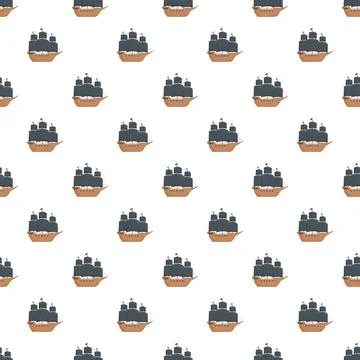 Cartoon pirate ship repeating pattern on white background Stock Illustration