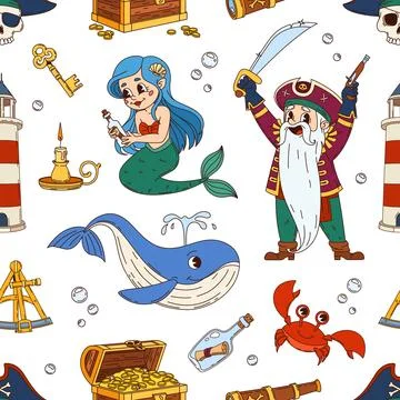 Cartoon pirates seamless pattern, tile background Illustrazione stock