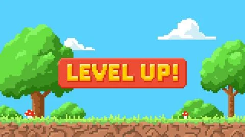 Cartoon pixelated 8 bit arcade video game, button level up achievement, vector Illustrazione stock
