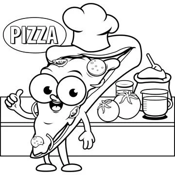 Cartoon pizza chef in the kitchen. Vector black and white coloring page. Ilustração Stock