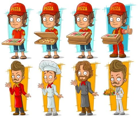 Cartoon pizza delivery boy and chef character set Stock Illustration