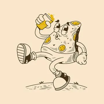 Cartoon pizza slice character running happily on grass Stock Illustration