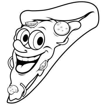 Cartoon pizza slice character. Vector black and white coloring page Stock Illustration