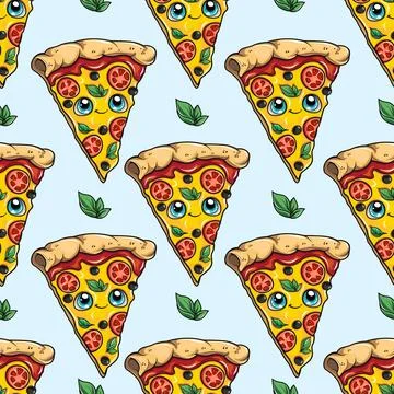 Cartoon pizza slice pattern with happy faces and delicious toppings on a li.. Stock Illustration